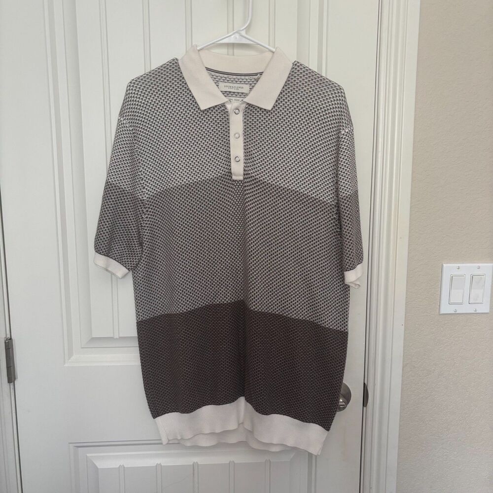 Denim & Flower knit polo w/ grey-brown pattern & snap button modal blend large